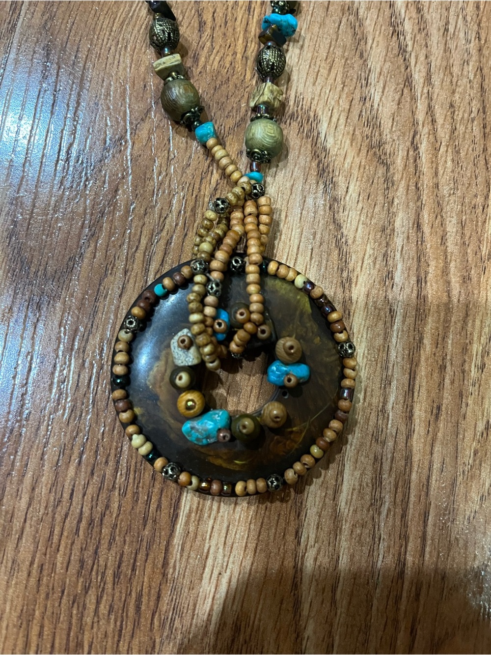 Boho Turquoise Accent Wooden Donut Pendant Necklace - Unbranded. 16 inch